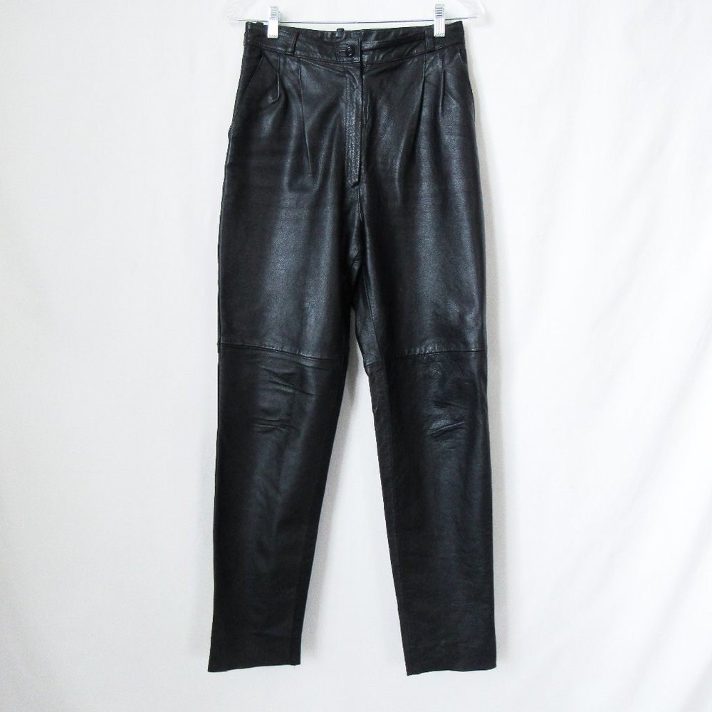VINTAGE 90s Chic Black Leather Pants Classic Straight Leg Genuine Leather SZ-6